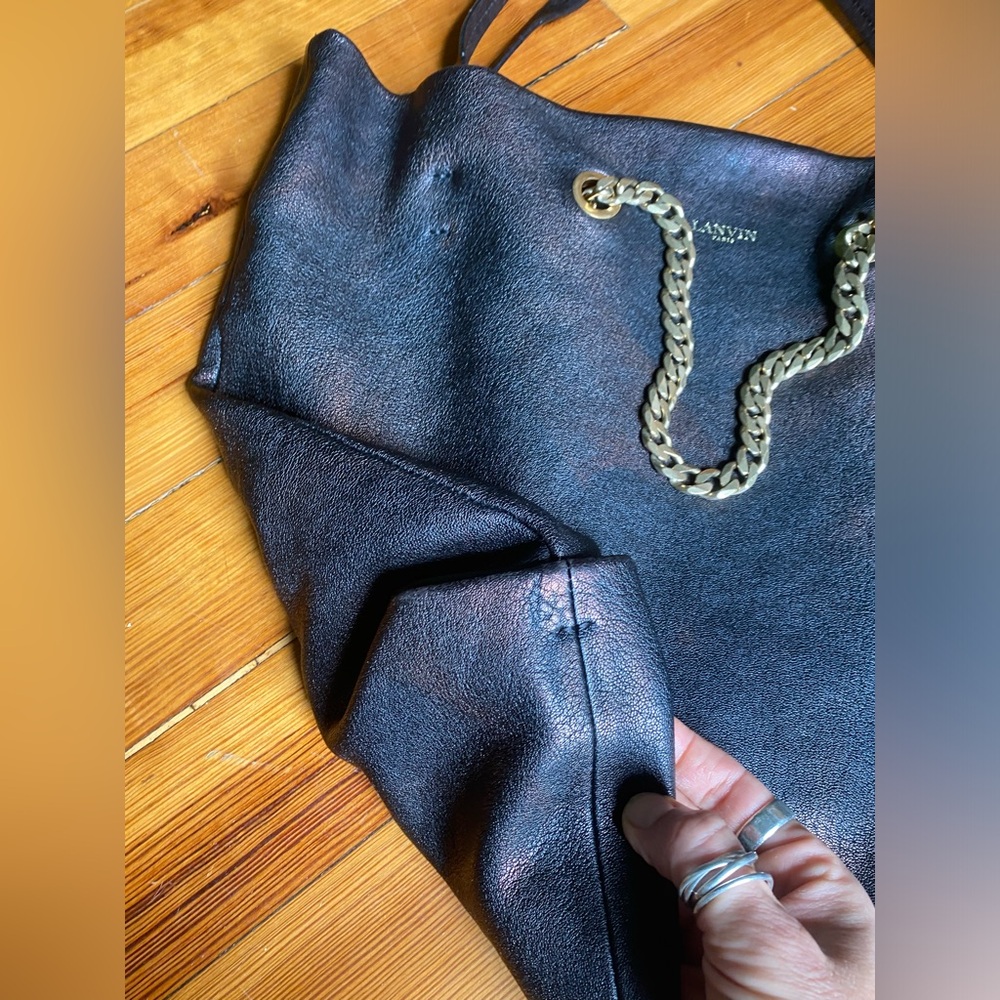 Y2K Lanvin Paris Carry Me black metallic brown Leather Chain-Accent Tote Bag - Picture 5 of 16